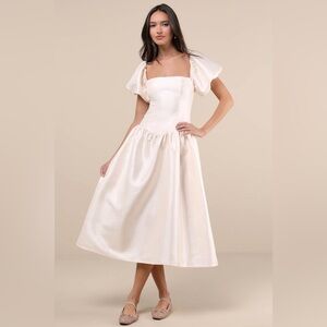 Lulus Exclusive Charm Cream Taffeta Puff Sleeve Midi Dress